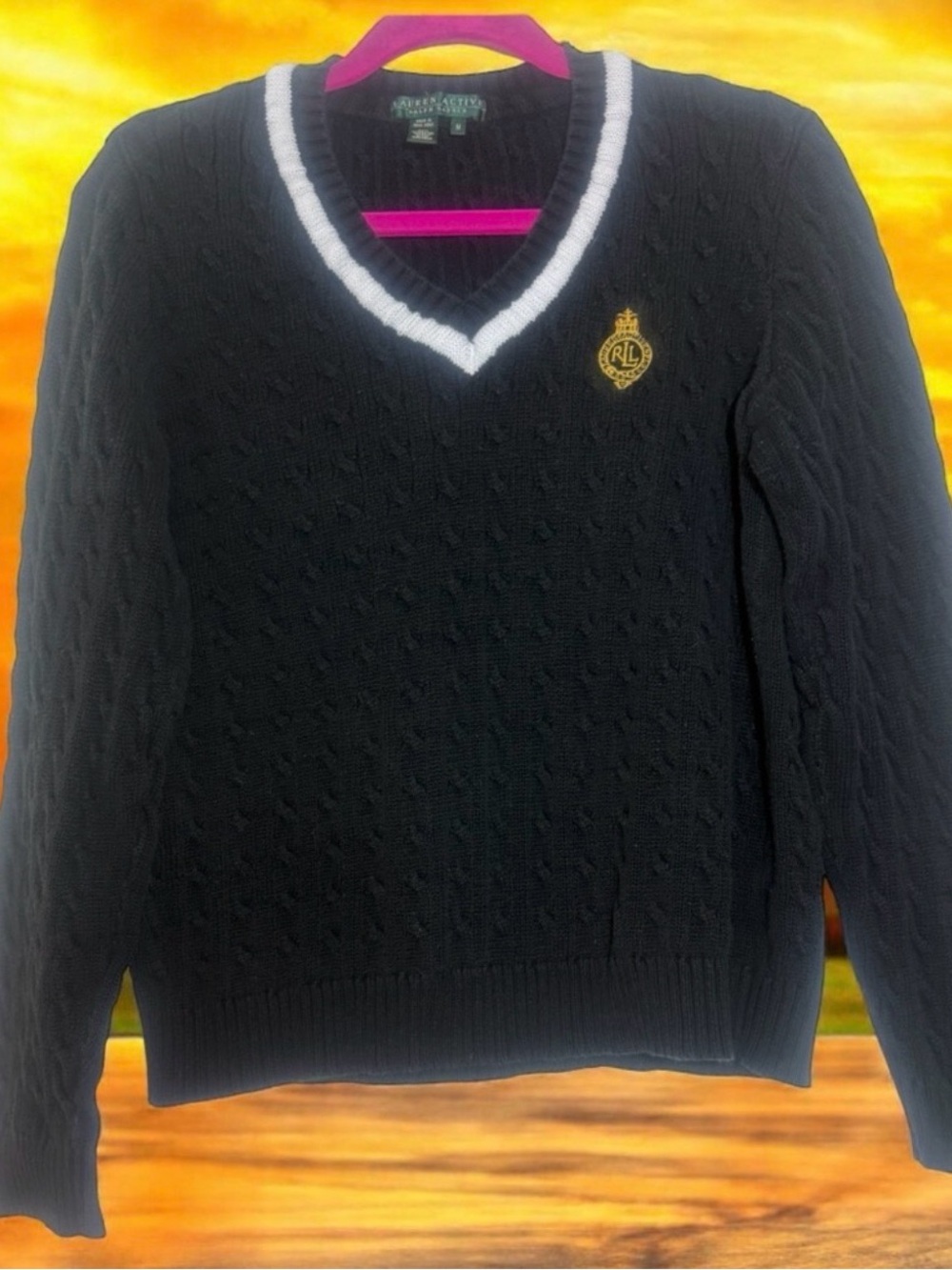 Ralph Lauren Black Cable Knit Sweater V neck great condition size M